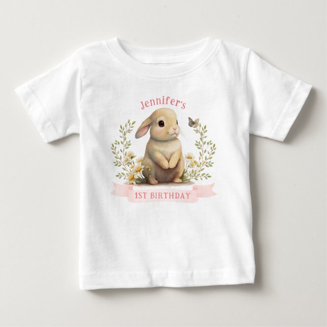Cute Baby Bunny with Butterfly Easter Birthday T-Shirt (Front)