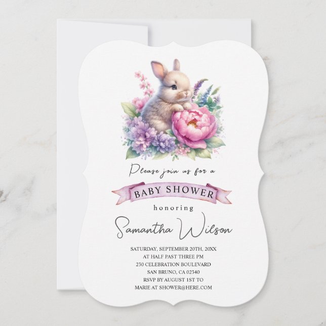 Cute Baby Bunny with Flower Baby Shower Invitation (Front)