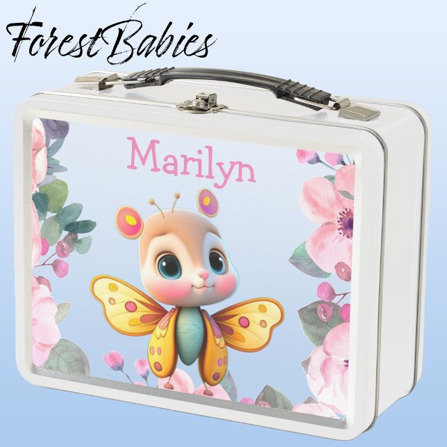 Cute Baby Butterfly with Pink Flower Border Metal Lunch Box (Butterfly, Pink Floral Customizable Lunch Box)
