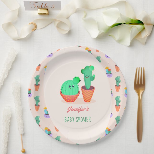 Cute Baby Cactus and Mum Baby Shower Paper Plate (Wedding)