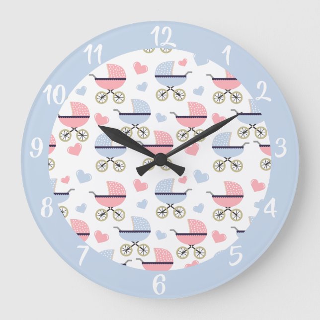 Cute Baby Carriage Pink Blue Pattern Nursery Large Clock (Front)