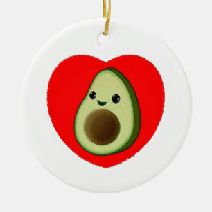 Cute Baby Cartoon Avocado In Red Heart Ceramic Ornament