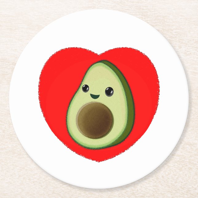 Cute Baby Cartoon Avocado In Red Heart Round Paper Coaster (Front)