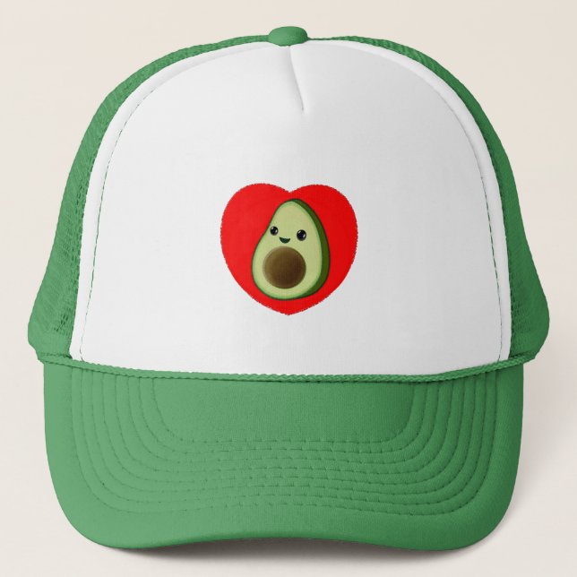Cute Baby Cartoon Avocado In Red Heart Trucker Hat (Front)