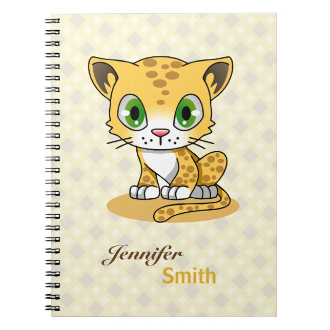Cute baby cat leopard cartoon name kids notebook (Front)