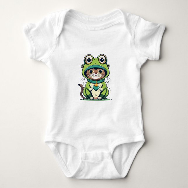 Cute Baby Cat with Frog Hat Baby Bodysuit (Front)