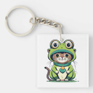 Cute Baby Cat with Frog Hat Key Ring