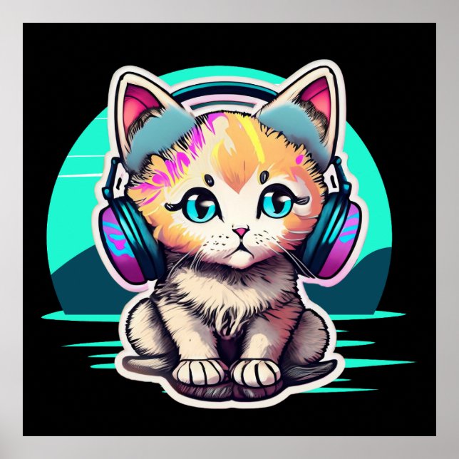 Cute Baby Cat with Headphones Poster (Front)