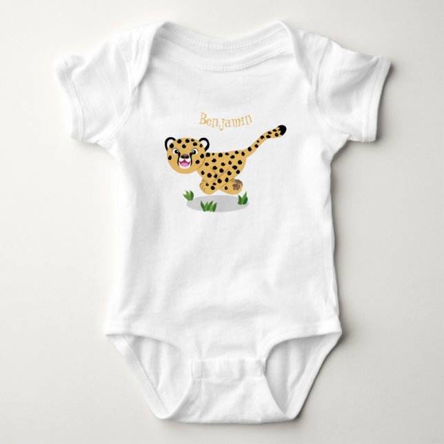 Cute baby cheetah running cartoon illustration bodysuit (Front)