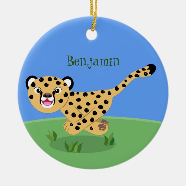 Cute baby cheetah running cartoon illustration ceramic ornament (Front)