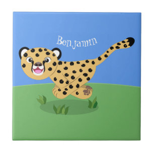 Cute baby cheetah running cartoon illustration ceramic tile