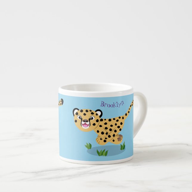 Cute baby cheetah running cartoon illustration espresso cup (Front Right)