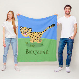 Cute baby cheetah running cartoon illustration fleece blanket