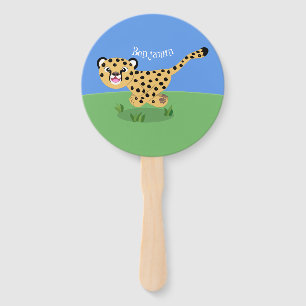 Cute baby cheetah running cartoon illustration hand fan