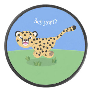 Cute baby cheetah running cartoon illustration hockey puck