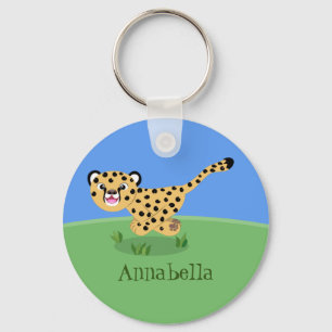 Cute baby cheetah running cartoon illustration key ring