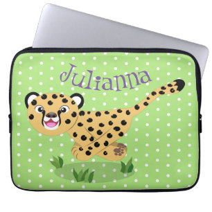 Cute baby cheetah running cartoon illustration laptop sleeve