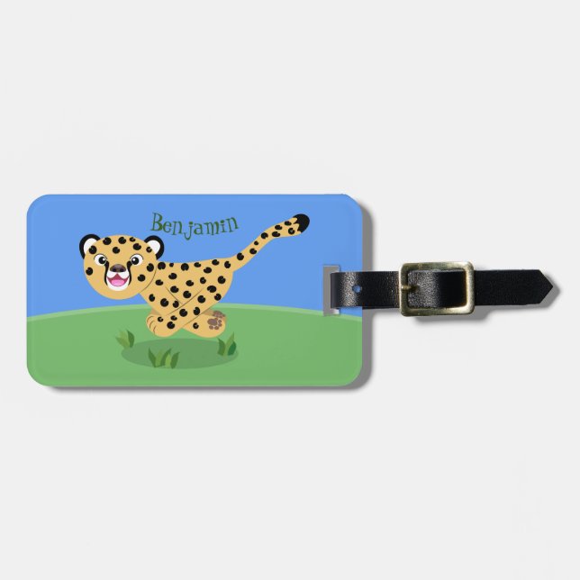 Cute baby cheetah running cartoon illustration luggage tag (Front Horizontal)