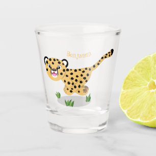 Cute baby cheetah running cartoon illustration shot glass