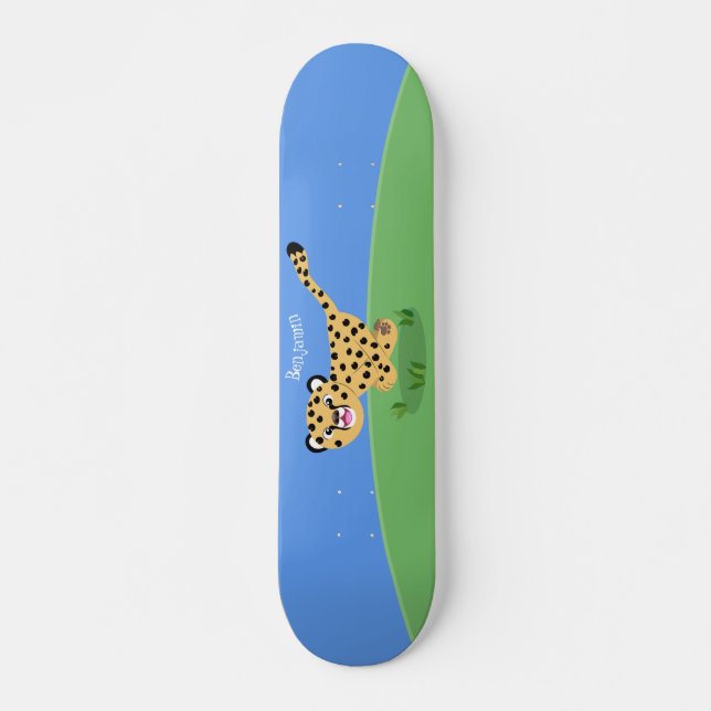 Cute baby cheetah running cartoon illustration skateboard (Front)