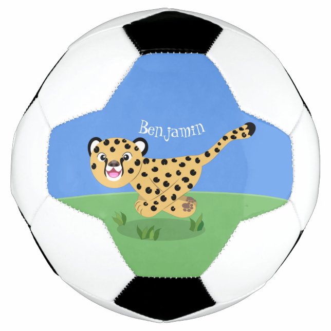 Cute baby cheetah running cartoon illustration soccer ball (Front)