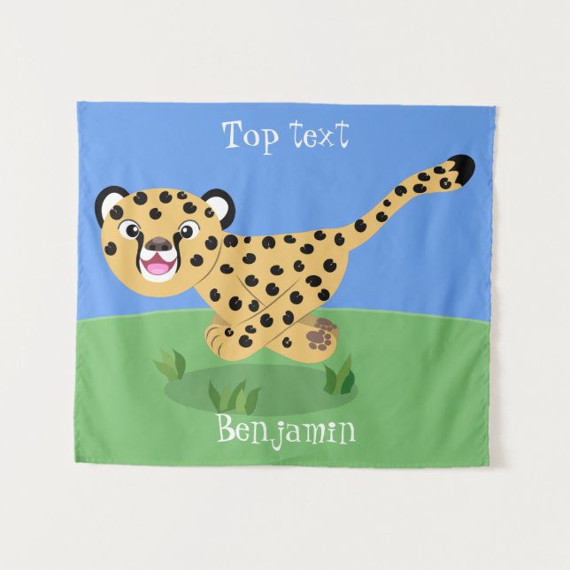 Cute baby cheetah running cartoon illustration tapestry (Front (Horizontal))