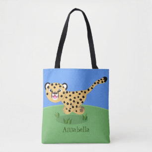 Cute baby cheetah running cartoon illustration tote bag