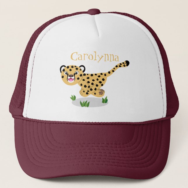 Cute baby cheetah running cartoon illustration trucker hat (Front)