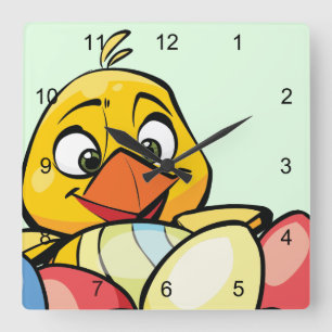 Cute Baby Chick and Easter Eggs Square Wall Clock