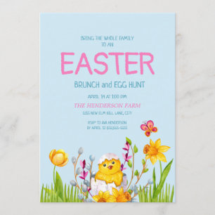Cute Baby Chick Flowers Easter Brunch Egg Hunt Invitation