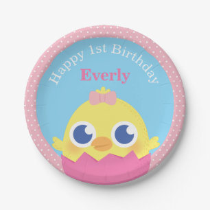 Cute Baby Chick Girl First Birthday Party Custom Paper Plate