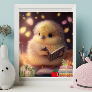 Cute Baby Chick reading a book Art Nursery Poster