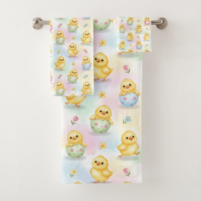 Cute Baby Chick Watercolor Easter Bath Towel Set (Insitu)