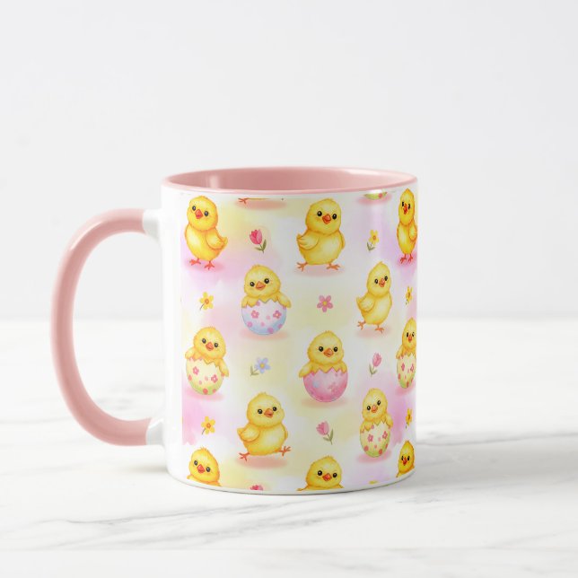 Cute Baby Chick Watercolor Easter Pink Pattern Mug (Left)