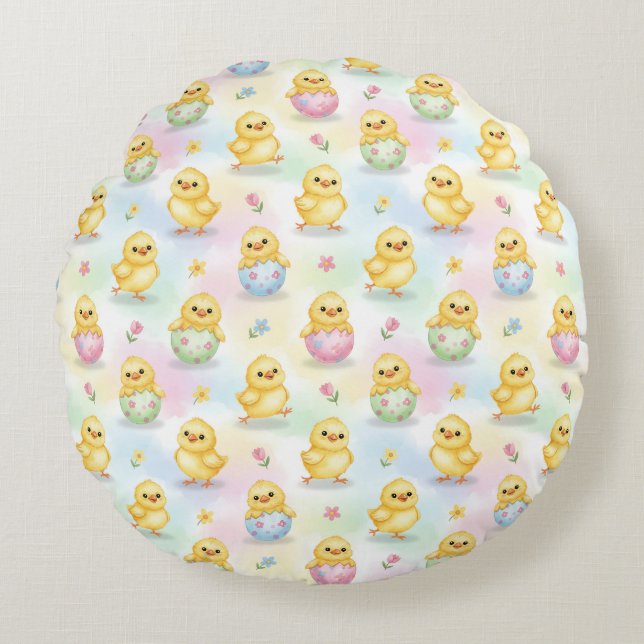 Cute Baby Chick Watercolor Easter Round Cushion (Front)