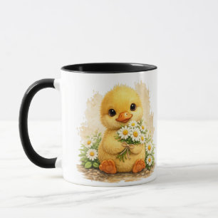 Cute Baby Chick with Daisy Flowers Cartoon Coffee Mug