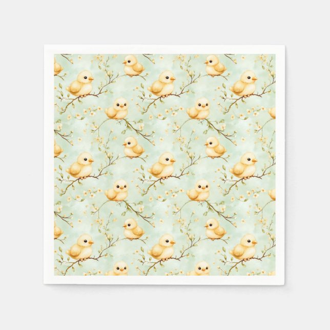 Cute Baby Chicks Mint Green Spring Floral Pattern Napkin (Front)