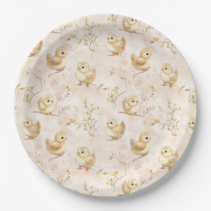 Cute Baby Chicks Pink Watercolor Pattern Paper Plate