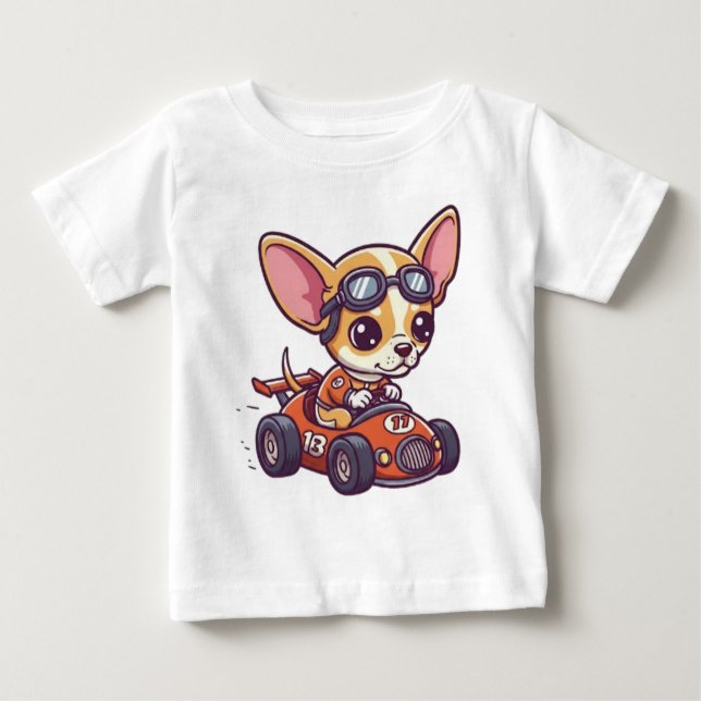 Cute Baby Chihuahua Race Car Driver Baby T-Shirt (Front)