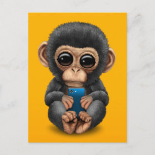 Cute Baby Chimpanzee Holding a Cell Phone Yellow Postcard