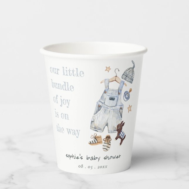Cute Baby Clothes Essentials Blue Boy Baby Shower Paper Cups (Front)