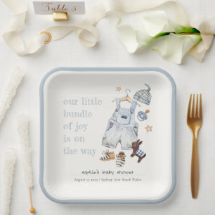 Cute Baby Clothes Essentials Blue Boy Baby Shower Paper Plate