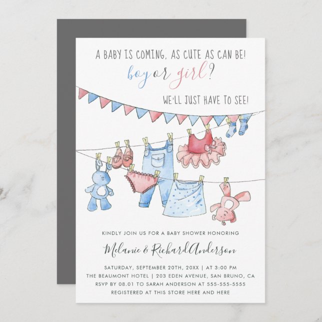 Cute Baby Clothes Gender Reveal Party Baby Shower Invitation (Front/Back)
