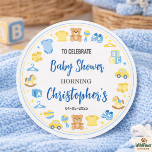 Cute Baby Clothes & Toys Boy Baby Shower Classic Round Sticker