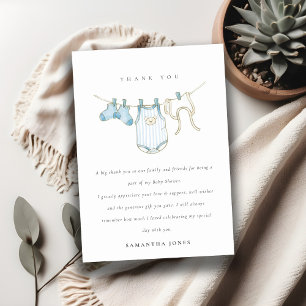 Cute Baby Clothesline Aqua Blue Boy Baby Shower Thank You Card