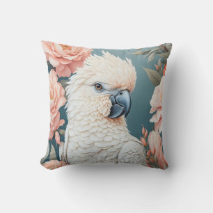 Cute Baby Cockatoo Parrot Soft Pink Flowers Cushion