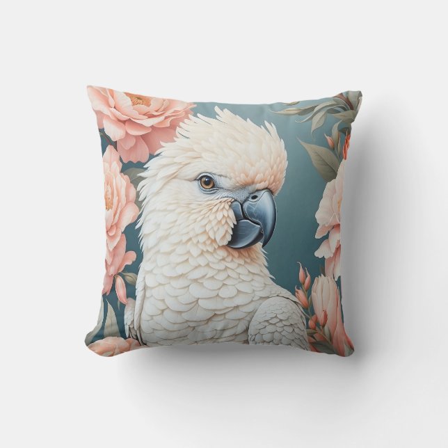 Cute Baby Cockatoo Parrot Soft Pink Flowers Cushion (Front)