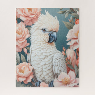 Cute Baby Cockatoo Parrot Soft Pink Flowers Jigsaw Puzzle