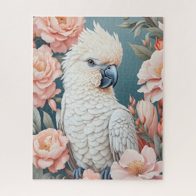 Cute Baby Cockatoo Parrot Soft Pink Flowers Jigsaw Puzzle (Vertical)