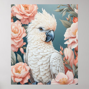 Cute Baby Cockatoo Parrot Soft Pink Flowers Poster